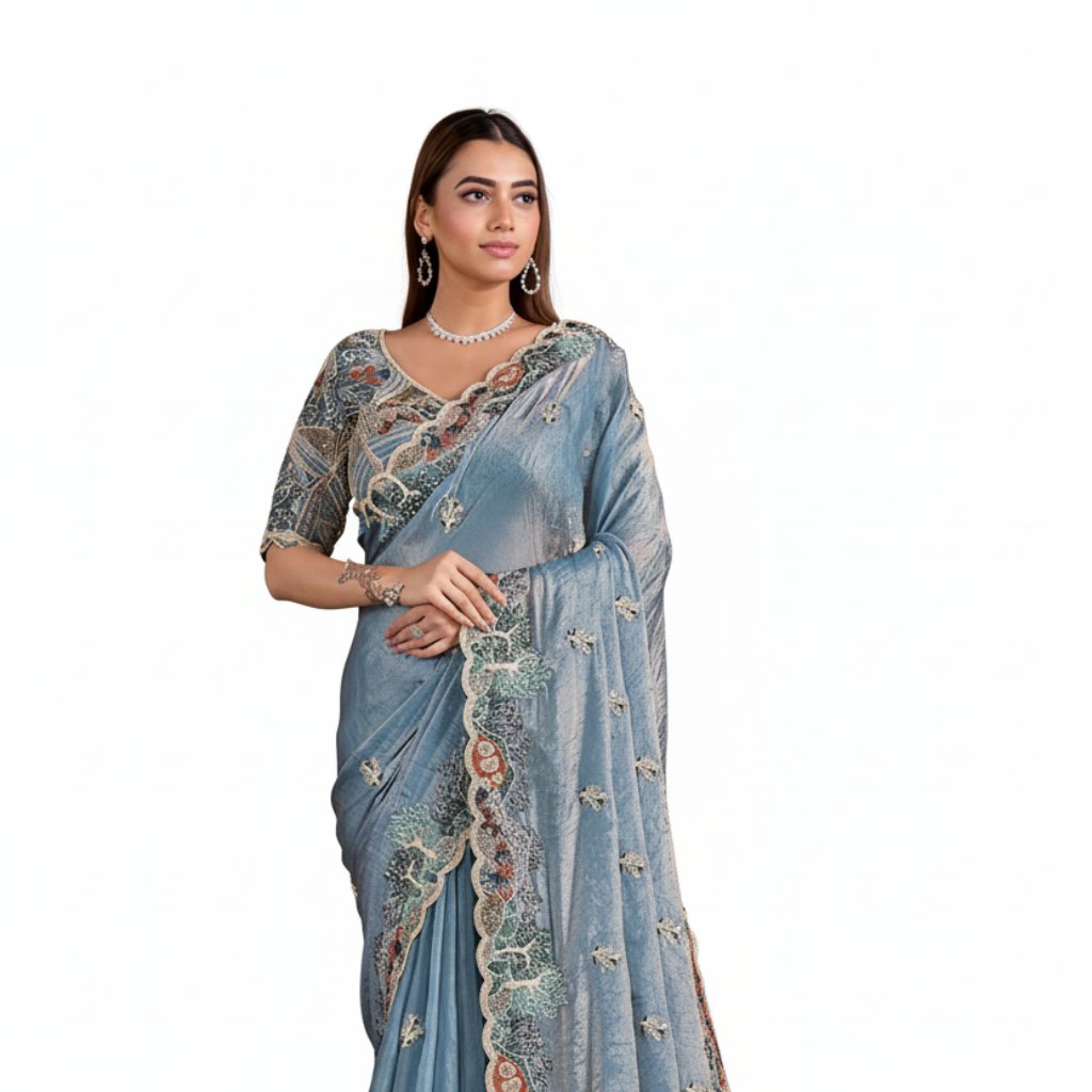 Elegant Women's Embroidered Satin Silk Saree In Light Blue
